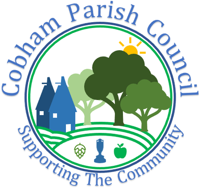 Cobham Parish Council logo, showing fields with three trees to represent the three areas we cover.  Also contains oast houses, apple, cobnut, wheat, hop and the ashes trophy to symbolise our parish